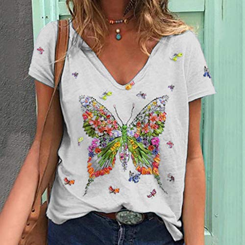 YANFANG Blusa para Mujer Holgada con Estampado de Mariposas de Moda de Verano con Cuello en V Profundo Talla Grande de Manga Corta Casual Adolescente Camiseta