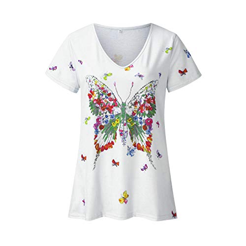 YANFANG Blusa para Mujer Holgada con Estampado de Mariposas de Moda de Verano con Cuello en V Profundo Talla Grande de Manga Corta Casual Adolescente Camiseta