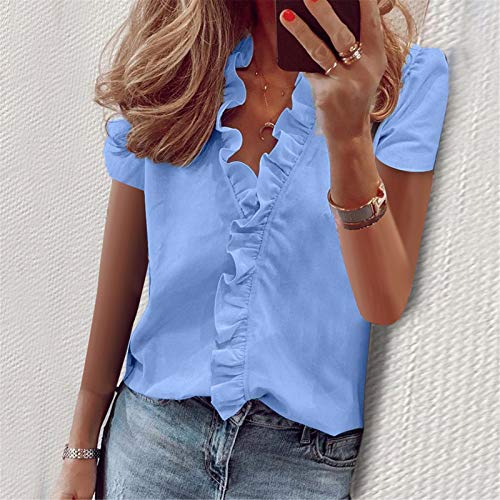 YANFANG Blusas de Mujer Elegantes,Camiseta Casual de Manga Corta con Encaje de Moda para Mujer Top de Color s贸lido con Cuello en V