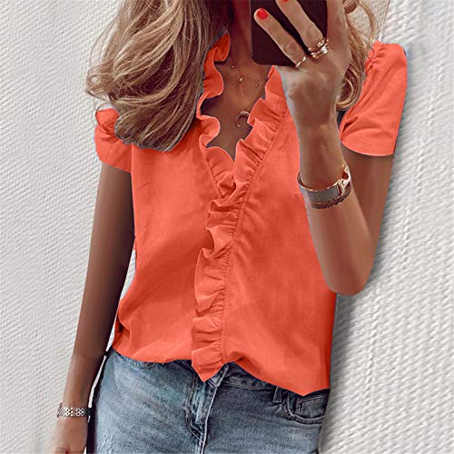 YANFANG Blusas de Mujer Elegantes,Camiseta Casual de Manga Corta con Encaje de Moda para Mujer Top de Color s贸lido con Cuello en V