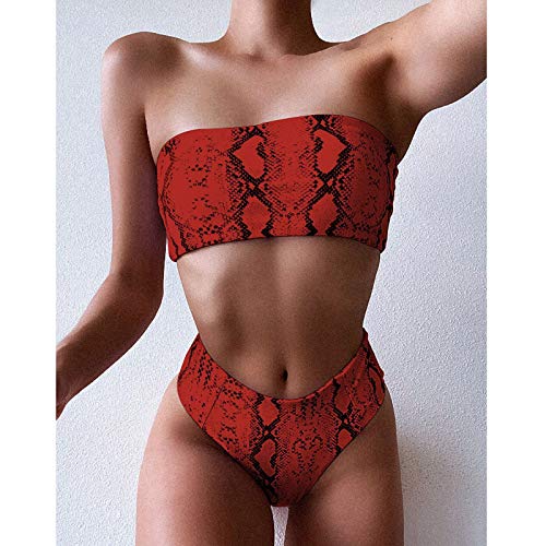 YANFANG Conjunto de Bikini de Pierna de Corte Alto con Estampado de Rayas Sexy para Mujer, Traje de baño de Dos Piezas,Tops de Bikini Trajes de Baño Tanga Triángulo Suave Acolchado,Red,S