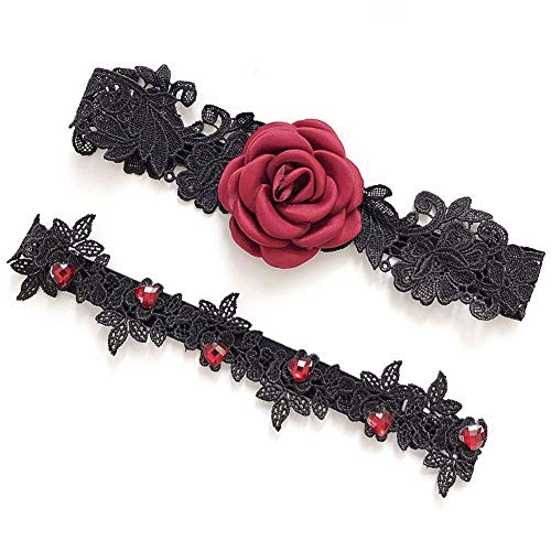 Yiyu Hechos A Mano Liga De Encaje De Novia Rosas Red Garter Muslos Sexys De Los Accesorios del Anillo, Liguero Novia Hechos A Mano Anillo De La Pierna x (Color : Black)