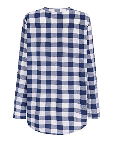 YOINS Blusa Mujer Manga Larga Camiseta Cuello V Camisa Elegante Túnica Casual SueltoTops Otoño Invierno Tela Escocesa Azul 01 S