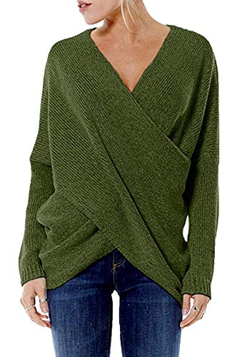 YOINS Jersey Punto Mujer Invierno Suéter Cuello en V Jerséis Manga Larga Camiseta Basico Suelto Cruzado Jerseys Camisa Tops Pull-Over Suéter Mujer Primavera Otoño Verde Oscuro-Nuevo M