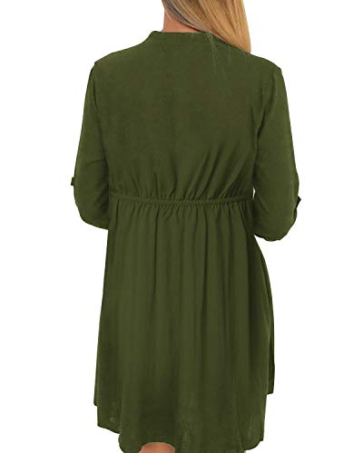 YOINS Vestido Midi Mujer Elegante Camisa de Manga Larga con Botones Informal Blusa Túnica Trabajo con Cuello en V Ejercito Verde L