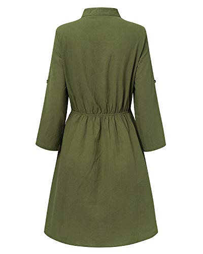 YOINS Vestido Midi Mujer Elegante Camisa de Manga Larga con Botones Informal Blusa Túnica Trabajo con Cuello en V Ejercito Verde L