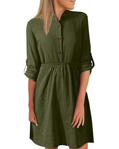 YOINS Vestido Midi Mujer Elegante Camisa de Manga Larga con Botones Informal Blusa Túnica Trabajo con Cuello en V Ejercito Verde L