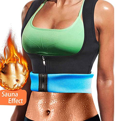 Yokald Faja Reductora Adelgazante Abdominal Mujer Neopreno Camiseta Sudoración Compresión de Sauna Chaleco Cremallera para Deporte Fitness (Azul, L)