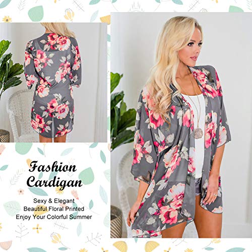 YONHEE Cárdigans tipo kimono floral para mujer - Estampado floral de gasa [Traje de baño] traje de baño para damas [Grande -Claro Gris]