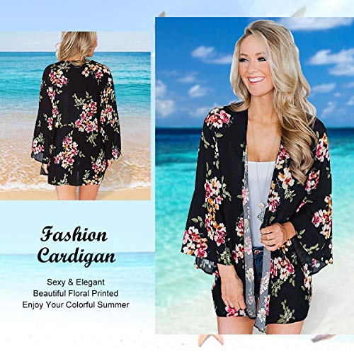 YONHEE Cárdigans tipo kimono floral para mujer - Estampado floral de gasa [Traje de baño] traje de baño para damas [Medio -Negro-A]