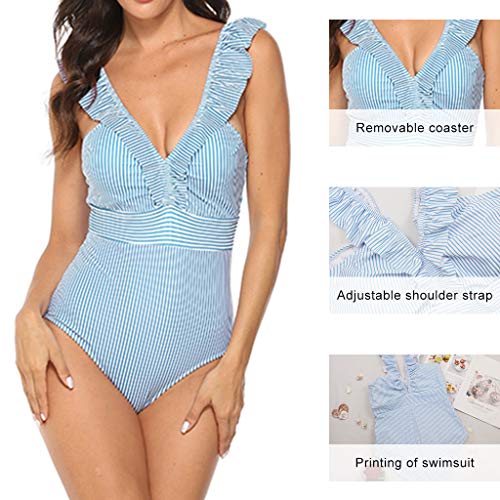 Yutdeng Bikini Mujer Traje de baño Baño Una Pieza Bañador a Rayas Vintage Precioso con Cuello en V Volantes Correas Bañadores Cintura Alta Bañador Deportivo