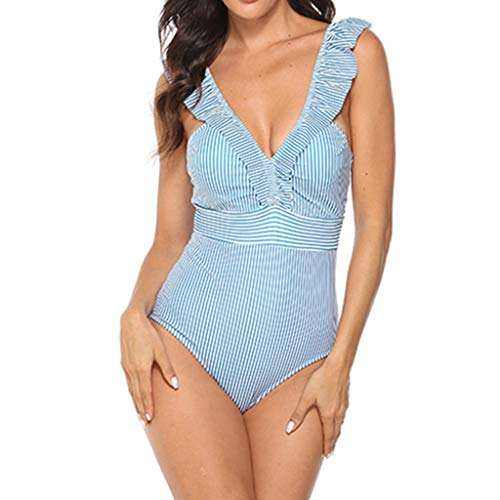 Yutdeng Bikini Mujer Traje de baño Baño Una Pieza Bañador a Rayas Vintage Precioso con Cuello en V Volantes Correas Bañadores Cintura Alta Bañador Deportivo