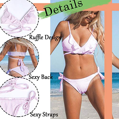 Yutdeng Mujer Conjunto de BikiniCordón Rayas Traje de Baño Sujetador Cuello en V Halter Push-up Bikinis Tanga Sexy Ropa de Playa Traje de Baño