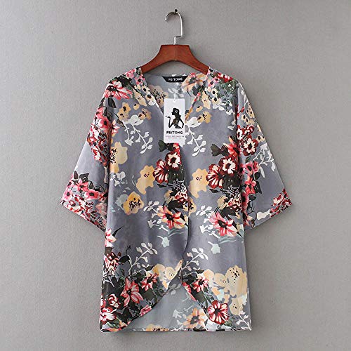 Yvelands Mujer Chiffon Floral Kimono Suelta Media Manga Chal impresión Cardigan Camisas Blusa Superior(Gris,M)