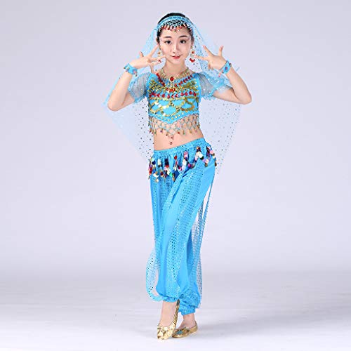 YWLINK Traje De Rendimiento, NiñAs India Danza del Vientre Danza Egipcia Traje Manga Corta Pantalones De Baile Conjunto De 2 Piezas Traje De Baile De Fiesta(Azul,8-10 años/L)