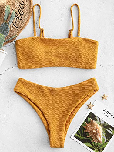 ZAFUL Bikini para mujer con textura tipo bandeau, traje de baño acolchado de corte alto naranja L