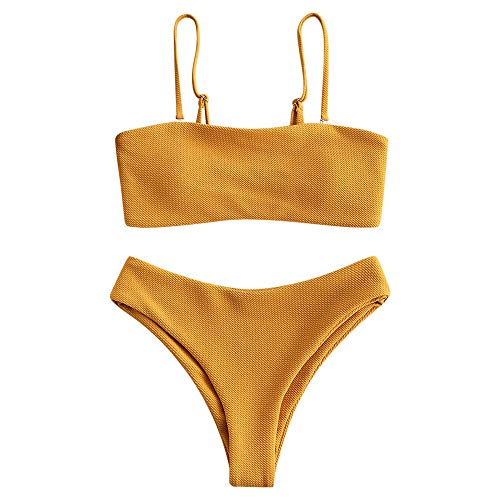 ZAFUL Bikini para mujer con textura tipo bandeau, traje de baño acolchado de corte alto naranja L