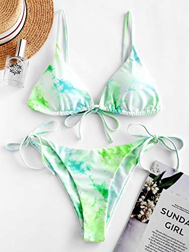 ZAFUL Mujer Bikini Conjunto, Copa Triangular de Encaje con Estampado Tie Dye (Verde, M)