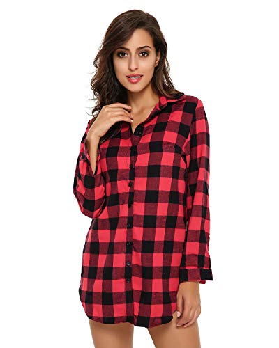 ZANZEA Camisa Mujer Blusa Camisa Cuadros Larga Camiseta Mujeres Top V Camisa Elegante Túnica Oficina Algodón Botones Mangas Largas para Mujer Rojo Negro-01 40