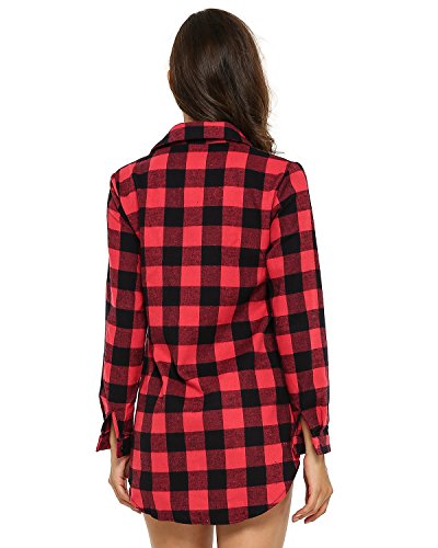 ZANZEA Camisa Mujer Blusa Camisa Cuadros Larga Camiseta Mujeres Top V Camisa Elegante Túnica Oficina Algodón Botones Mangas Largas para Mujer Rojo Negro-01 40