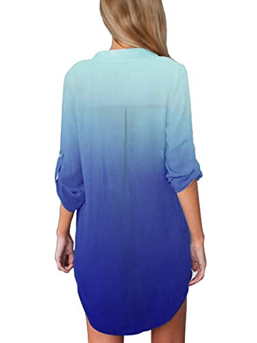 ZANZEA Camisas Mujer Sexy Casual Gasa Camisa Suelta Cuello V Manga Larga Blusa Tops Tallas Grandes Elegante Invierno Camiseta 03-Degradado Azul 40