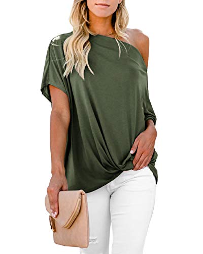 ZANZEA Camiseta Mujer Manga Corta Suelta Tops Color Sólido T-Shirt Hombros Descubiertos Sexy Túnica Blusa Pollover 08-Verde Militar XL