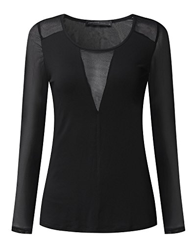 ZANZEA Mujer Camisetas Transparentes Sexy Deep V Low Cut Camisas Manga Larga Casual Tops Blusas y Camisas Fiesta Camisetas 003-Negro FR 2503 38