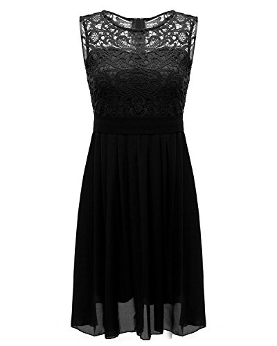 ZANZEA Mujer Vestido Encaje Gasa Verano Sin Manga Elegante Vestidos de Cóctel Fiesta Cuello Redondo 03-Negro XL