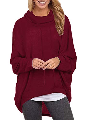 ZANZEA Mujeres Sudaderas Cuello Alto Batwing Manga Larga Irregular Baggy Túnica Blusa Pullover Tops Jersey X-Rojo Vino Cuello Alto S