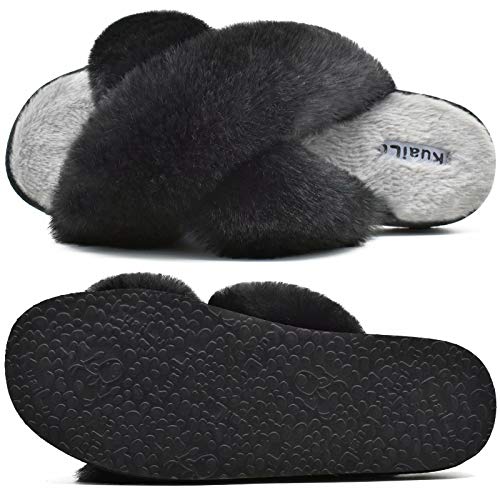 Zapatillas de casa para Mujer Peludo Sandalias Confort Pantuflas de Piel sintética Mullido Diapositivas con Punta Abierta y esponjosa Talla 40 Negro Gris