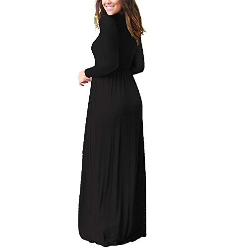 ZHANGNA Mujer Sexy Manga Larga Casual Maxi Vestido con Bolsillo (Negro, Medium)