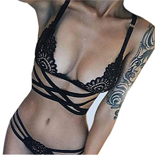 ZHER-LU Conjunto de ropa interior sexy para mujer, sujetador+bragas de encaje push-up vendaje negro (negro, XL)