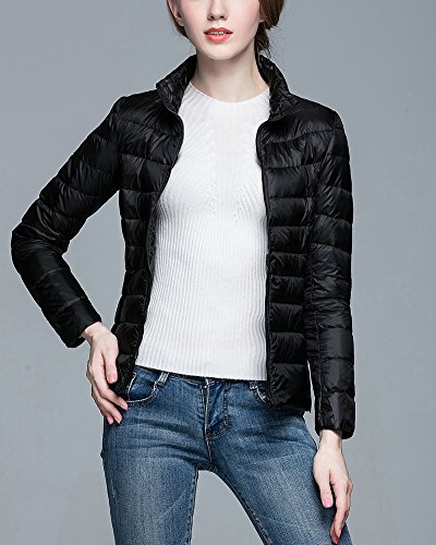 ZhuiKun Chaqueta Portátil de Plumón Ligero Cremallera Abrigo de Plumas Parka para Mujer Negro S