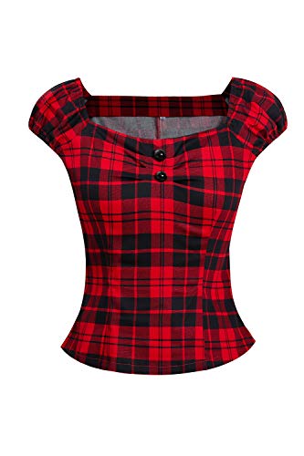 Zilcremo Mujeres Vintage 1950s Parte Superior Plaid Rockabilly 40s Camisetas De Algodón Tartán Rojo S