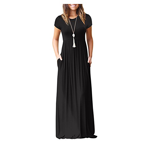 ZNYSTAR Mujer Casual Playa Verano Manga corta Vestidos Largos Maxi Vestido con Bolsillo (small, Negro)