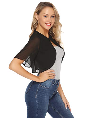 Abollria Bolero Manga Corta Mujer para Fiesta Boda Gasa Chaqueta Corta Primavera Torera Elegante Cárdigan Corto para Verano, Negro, XXL