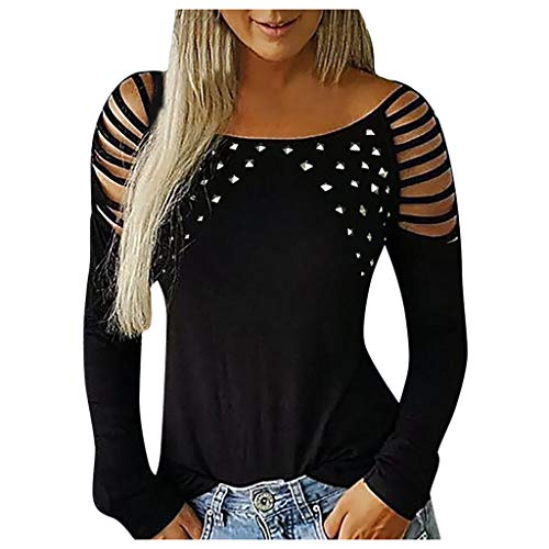 acction Blusa de Manga Larga Hueco de Mujer, Camisa Holgada sin Tirantes Perforación en Caliente Camiseta