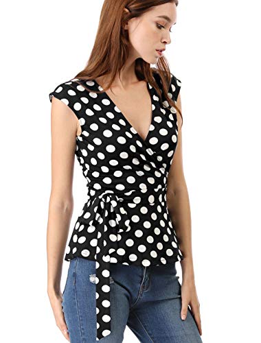 Allegra K Blusa Top De Puntos Frente Envoltura Cuello En V Sin Mangas para Mujeres Blanco Negro XL