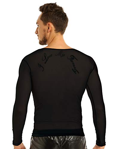 Alvivi Camiseta Manga Larga para Hombre Cuello Redondo Camiseta Deportiva Básica Semi-Transparente Elástica Sexy Negro XL