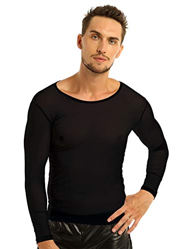 Alvivi Camiseta Manga Larga para Hombre Cuello Redondo Camiseta Deportiva Básica Semi-Transparente Elástica Sexy Negro XL