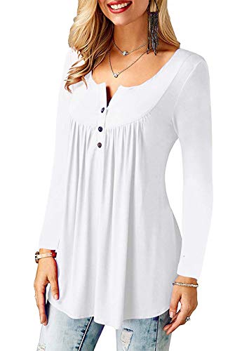 Amoretu Top Blusa Mujer Manga Larga Blanco Delgado Color Sólido Camisa Cuello en V Botones Blusa L