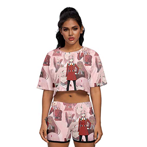 Anime Darling in The Franxx 3D Impreso Camiseta Crop Top y Pantalones Cortos Verano 2 Piezas Outfit Set para Mujer Chicas