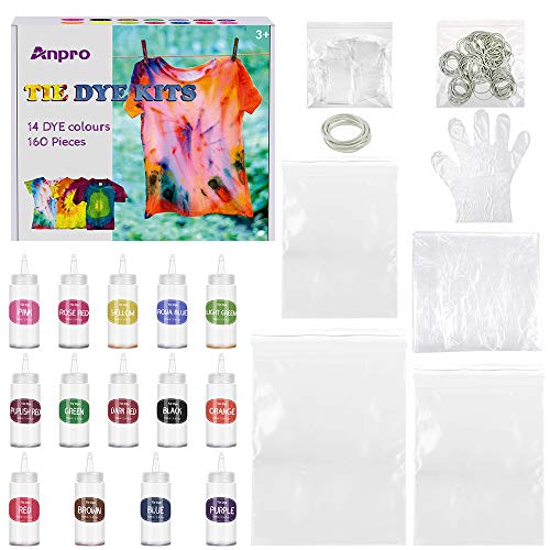 Anpro 160 PCS Tie Dye Kit,14 Colores Tintes Textiles Brillantes Tie Dye,100 ML * 14 Botella, Adecuado para Arte de Bricolaje Tie-Dye para Niños y Adultos