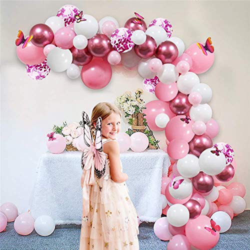 APERIL Kit de Guirnaldas de Globos 117 Piezas Globos de Cumpleaños y 3D Mariposas Decoración Arcos de Globos Metálicos Rosa Blanco Confeti para Niña Decoración de Boda Cumpleaños Fiesta Comunion