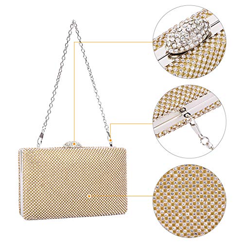 BAIGIO Clutch Mujer Fiesta Plateado, Bolso de Noche Cartera de Mano para Boda Ceremonia Bandolera Catena, Strass (Dorado)