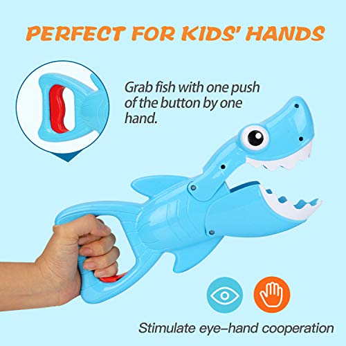 Bammax Juguetes Bañera, 10 pcs Peces Marinos Juguetes de Baño Bebe, Plastico Juego de Ducha Bebe, Juego de Pesca Piscina Niños, un Tiburón Blanco Capturador, 8 Peces Pequeños y una Red de Pesca