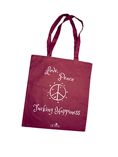 Bolsa de cicha en Yute con refran Impreso/Bolsa en Tela Negra, Verde, Amarilla o Ciruela/Bolsa cincha en Yute con Frase Love Peace & Fucking Happiness Bolsa de Compras Morado