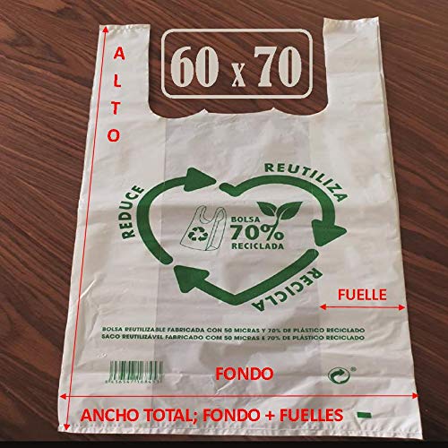 Bolsas de Plástico Tipo Camiseta Resistentes, Reutilizables y Recicladas | Galga 200 | Tamaño XL 42x53 cm | 2 Kg - 100 uds Aprox. | 70% Recicladas | Cumple Normativa | Aptas Uso Alimentario | Verdes