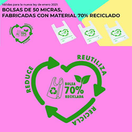 Bolsas de Plástico Tipo Camiseta Resistentes, Reutilizables y Recicladas | Galga 200 | Tamaño XL 42x53 cm | 2 Kg - 100 uds Aprox. | 70% Recicladas | Cumple Normativa | Aptas Uso Alimentario | Verdes