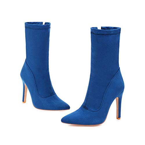 Botines Elásticos Gamuza Mate con Punta Puntiaguda Mujer, Botas Moda con Cremallera Lateral, Botines Fiesta Elegantes Y Sexys (34-43EU) blue-EU36